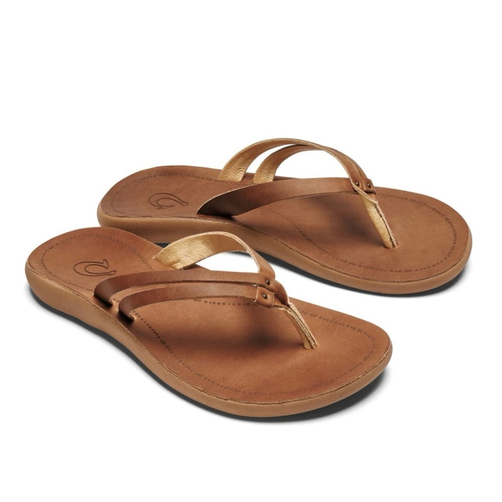 OluKai Women's Kapehe Luana Flip Flop Sandals Brown Leather size 7